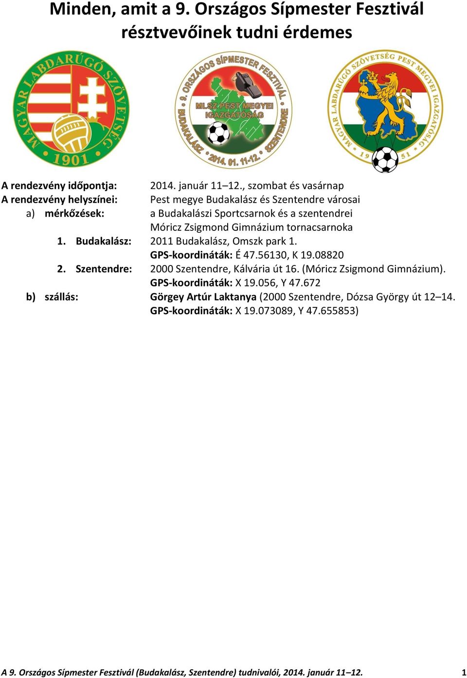 tornacsarnoka 1. Budakalász: 2011 Budakalász, Omszk park 1. GPS-koordináták: É 47.56130, K 19.08820 2. Szentendre: 2000 Szentendre, Kálvária út 16. (Móricz Zsigmond Gimnázium).