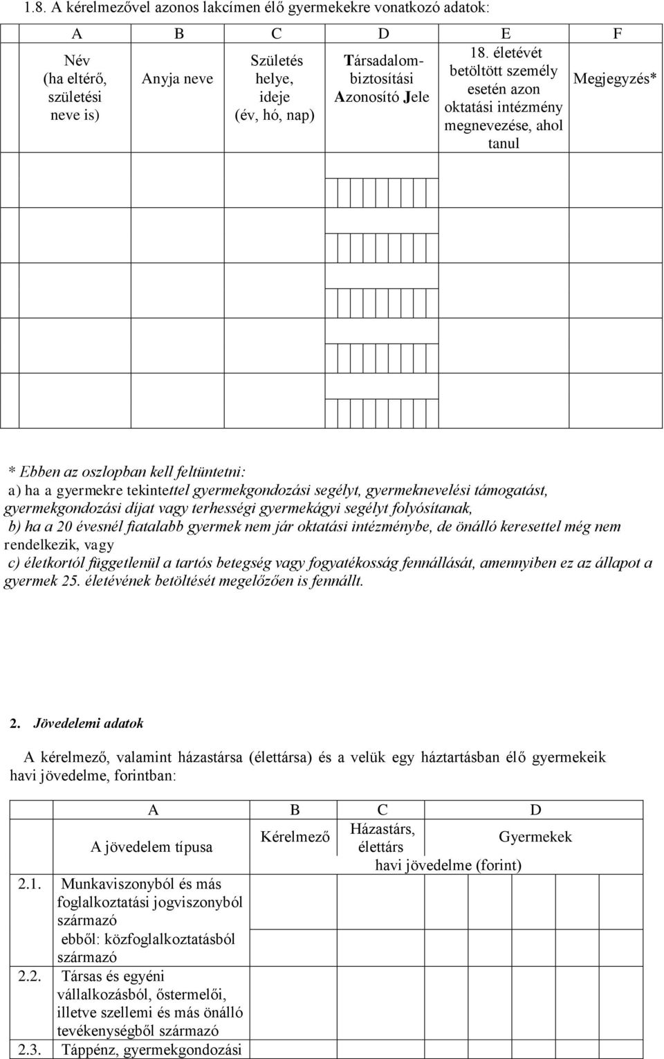 az oszlopban kell feltüntetni: a) ha a gyermekre tekintettel gyermekgondozási segélyt, gyermeknevelési támogatást, gyermekgondozási díjat vagy terhességi gyermekágyi segélyt folyósítanak, b) ha a 20