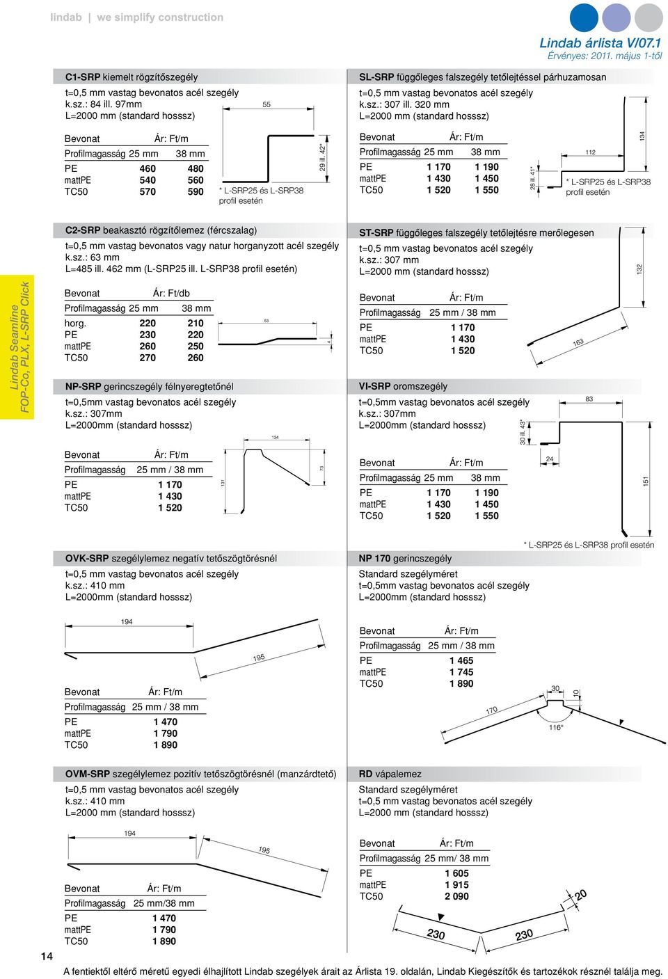 320 L=2000 (standard hosssz) Bevonat Profilmagasság 25 Ár: Ft/m 38 PE 460 480 mattpe 540 560 TC50 570 590 * L-SRP25 és L-SRP38 profil esetén Bevonat Profilmagasság 25 Ár: Ft/m 38 PE 1 170 1 190