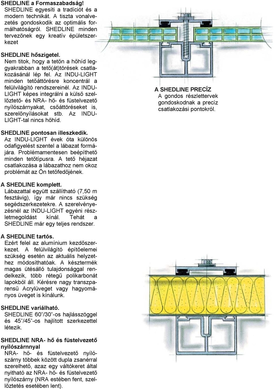 Az INDU- LIGHT képes integrálni a külső szellőztető- és NRA- hő- és füstelvezető nyílószárnyakat, csőáttöréseket is, szerelőnyílásokat stb. Az INDU- LIGHT-tal nincs hőhíd.