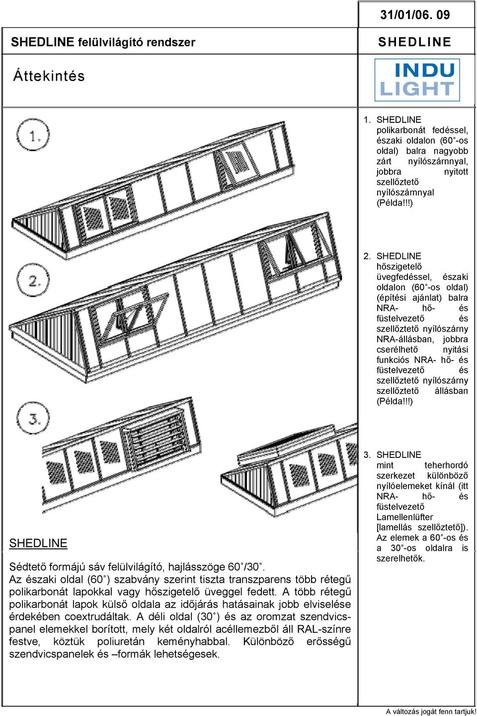 füstelvezető és szellőztető nyílószárny szellőztető állásban (Példa!!!) Sédtető formájú sáv felülvilágító, hajlásszöge 60 /30.