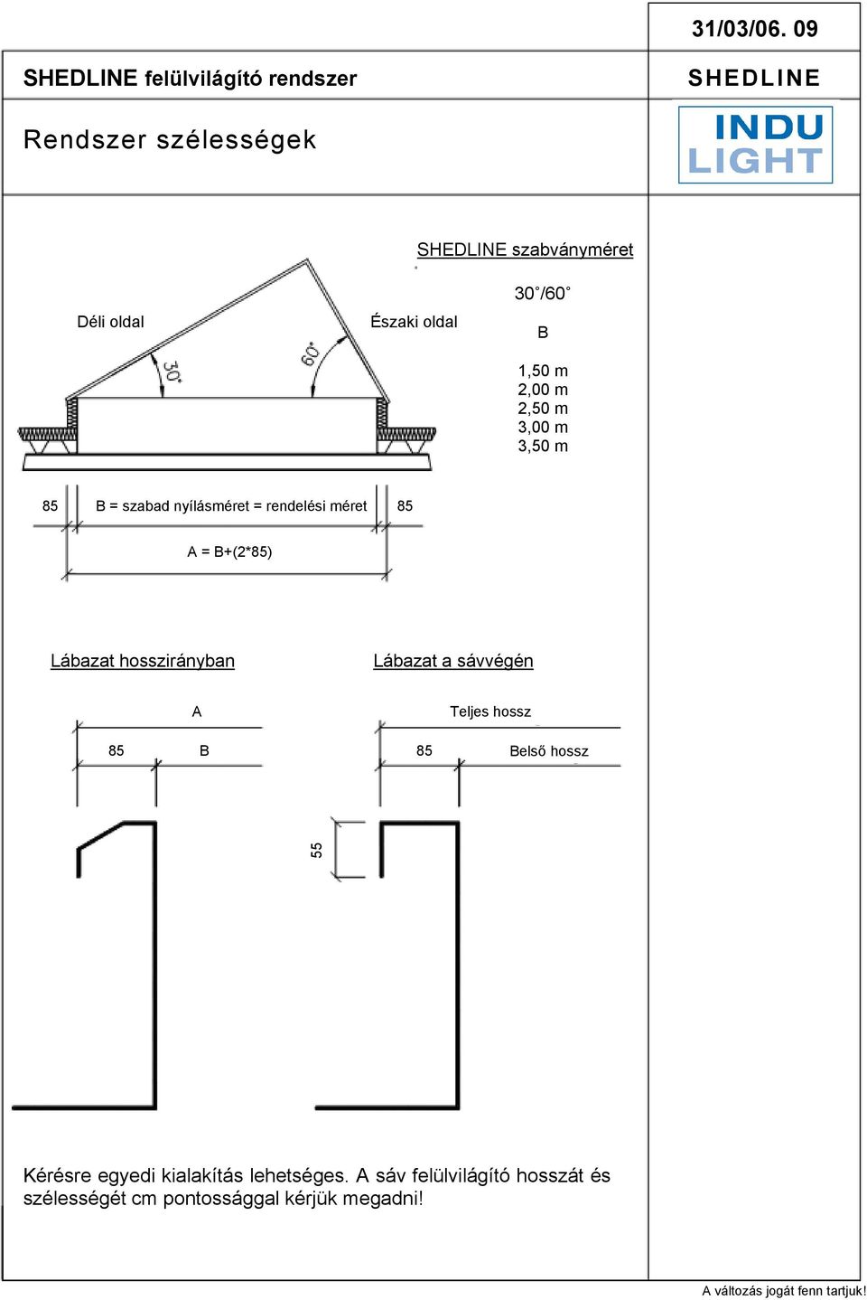 1,50 m 2,00 m 2,50 m 3,00 m 3,50 m 85 B = szabad nyílásméret = rendelési méret 85 A = B+(2*85)