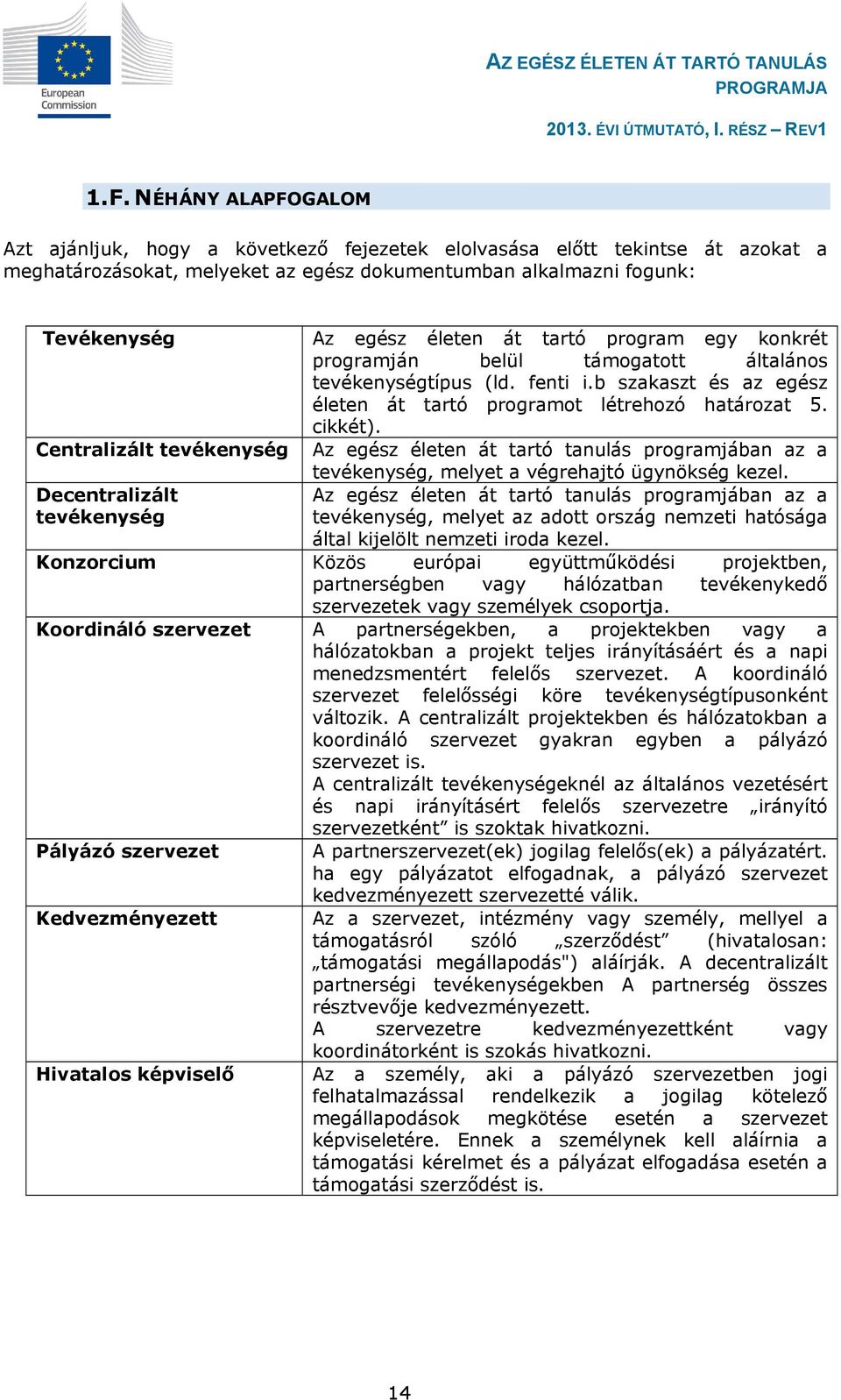 Centralizált tevékenység Az egész életen át tartó tanulás programjában az a tevékenység, melyet a végrehajtó ügynökség kezel.