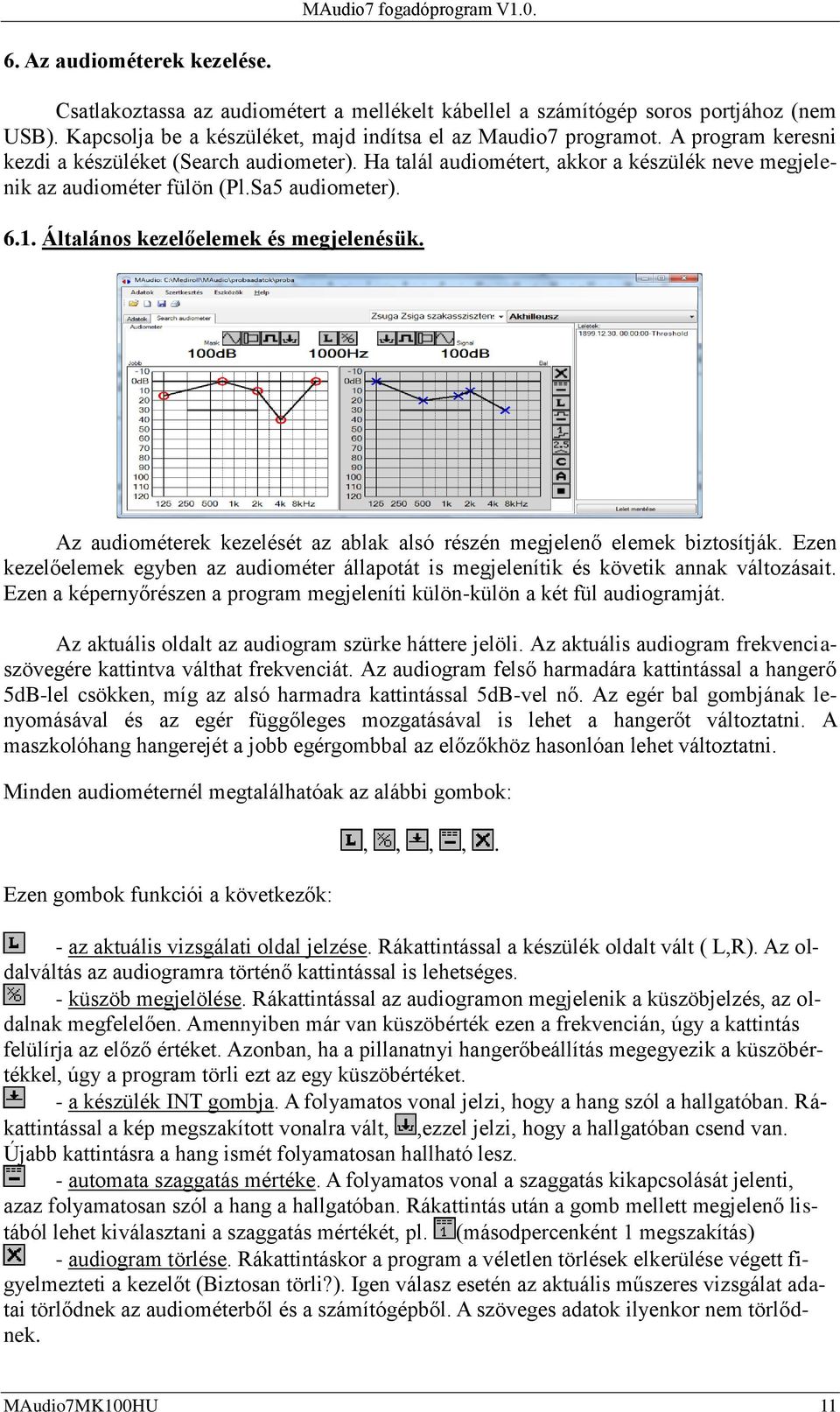 Az audiométerek kezelését az ablak alsó részén megjelenő elemek biztosítják. Ezen kezelőelemek egyben az audiométer állapotát is megjelenítik és követik annak változásait.