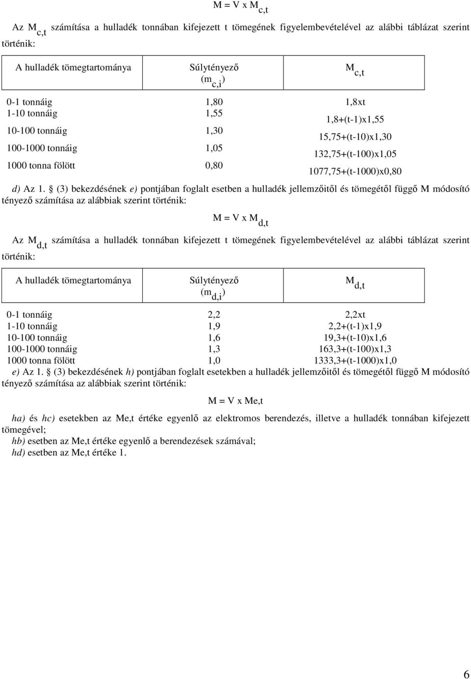 (3 bekezdésének e pontjában foglalt esetben a hulladék jellemzıitıl és tömegétıl függı M módosító tényezı számítása az alábbiak szerint M = V x M d,t Az M d,t számítása a hulladék tonnában kifejezett