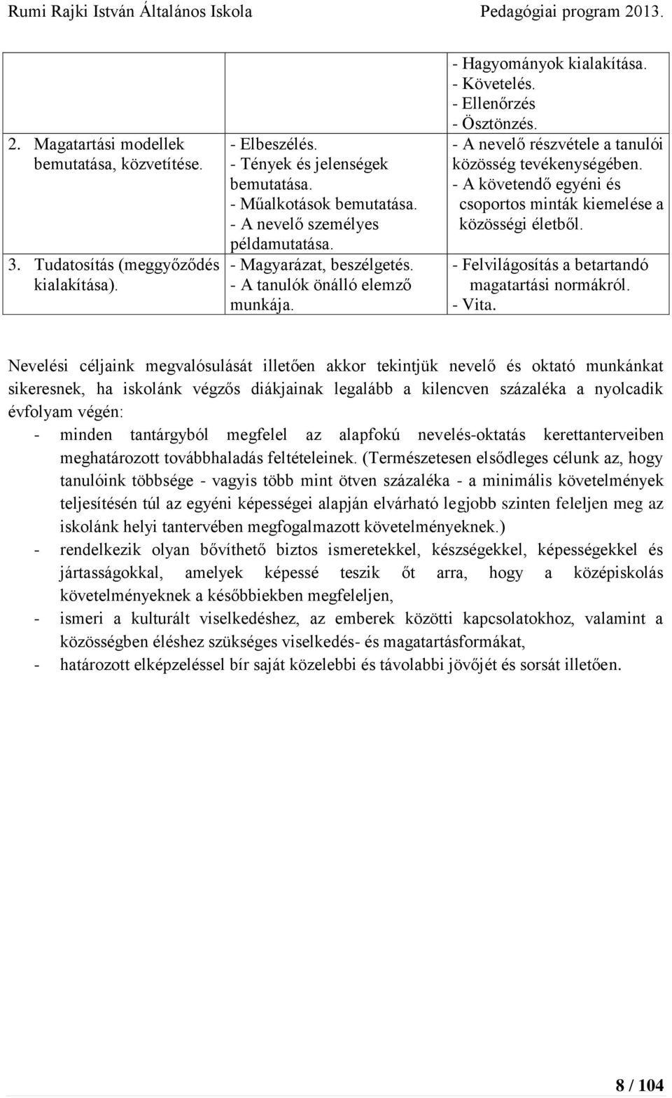 - A nevelő részvétele a tanulói közösség tevékenységében. - A követendő egyéni és csoportos minták kiemelése a közösségi életből. - Felvilágosítás a betartandó magatartási normákról. - Vita.