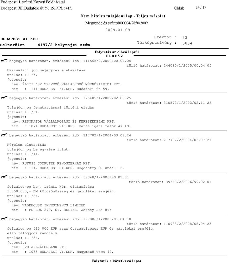 név: RESONATOR VÁLLALKOZÁSI ÉS KERESKEDELMI KFT. cím : 1071 BUDAPEST VII.KER. Városligeti fasor 47-49. 23. bejegyzõ határozat, érkezési idõ: 217782/1/2004/03.07.24 törlõ határozat: 217782/2/2004/03.