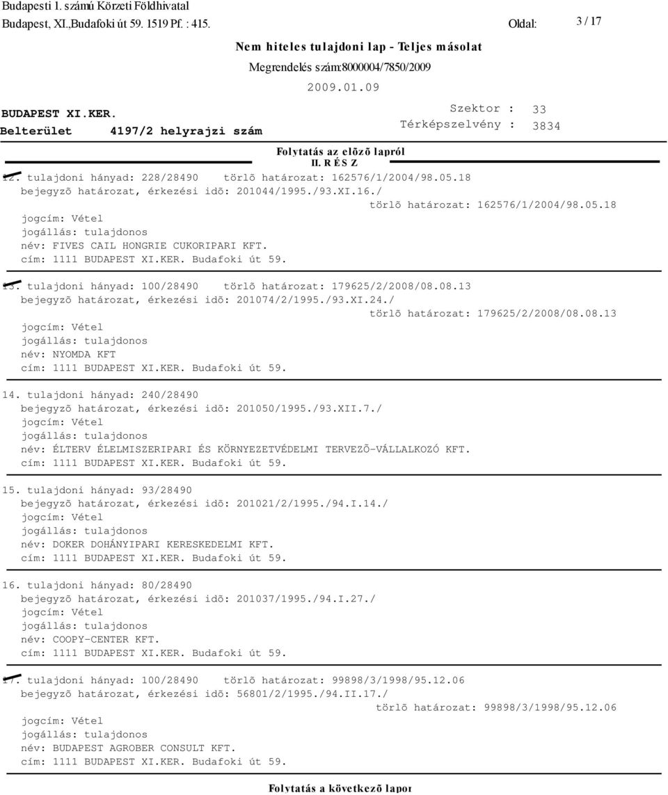 24./ törlõ határozat: 179625/2/2008/08.08.13 név: NYOMDA KFT cím: 1111 Budafoki út 59. 14. tulajdoni hányad: 240/28490 bejegyzõ határozat, érkezési idõ: 201050/1995./93.XII.7./ név: ÉLTERV ÉLELMISZERIPARI ÉS KÖRNYEZETVÉDELMI TERVEZÕ-VÁLLALKOZÓ KFT.