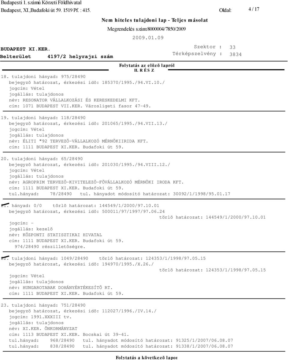 cím: 1111 Budafoki út 59. 20. tulajdoni hányad: 65/28490 bejegyzõ határozat, érkezési idõ: 201030/1995./94.VIII.12./ név: AGROPRIM TERVEZÕ-KIVITELEZÕ-FÕVÁLLALKOZÓ MÉRNÕKI IRODA KFT.