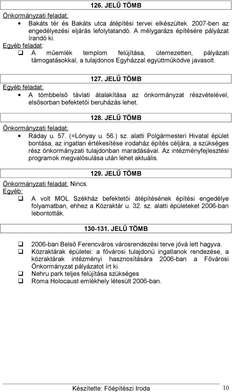 JELŰ TÖMB A tömbbelső távlati átalakítása az önkormányzat részvételével, elsősorban befektetői beruházás lehet. 128. JELŰ TÖMB Ráday u. 57. (=Lónyay u. 56.) sz.