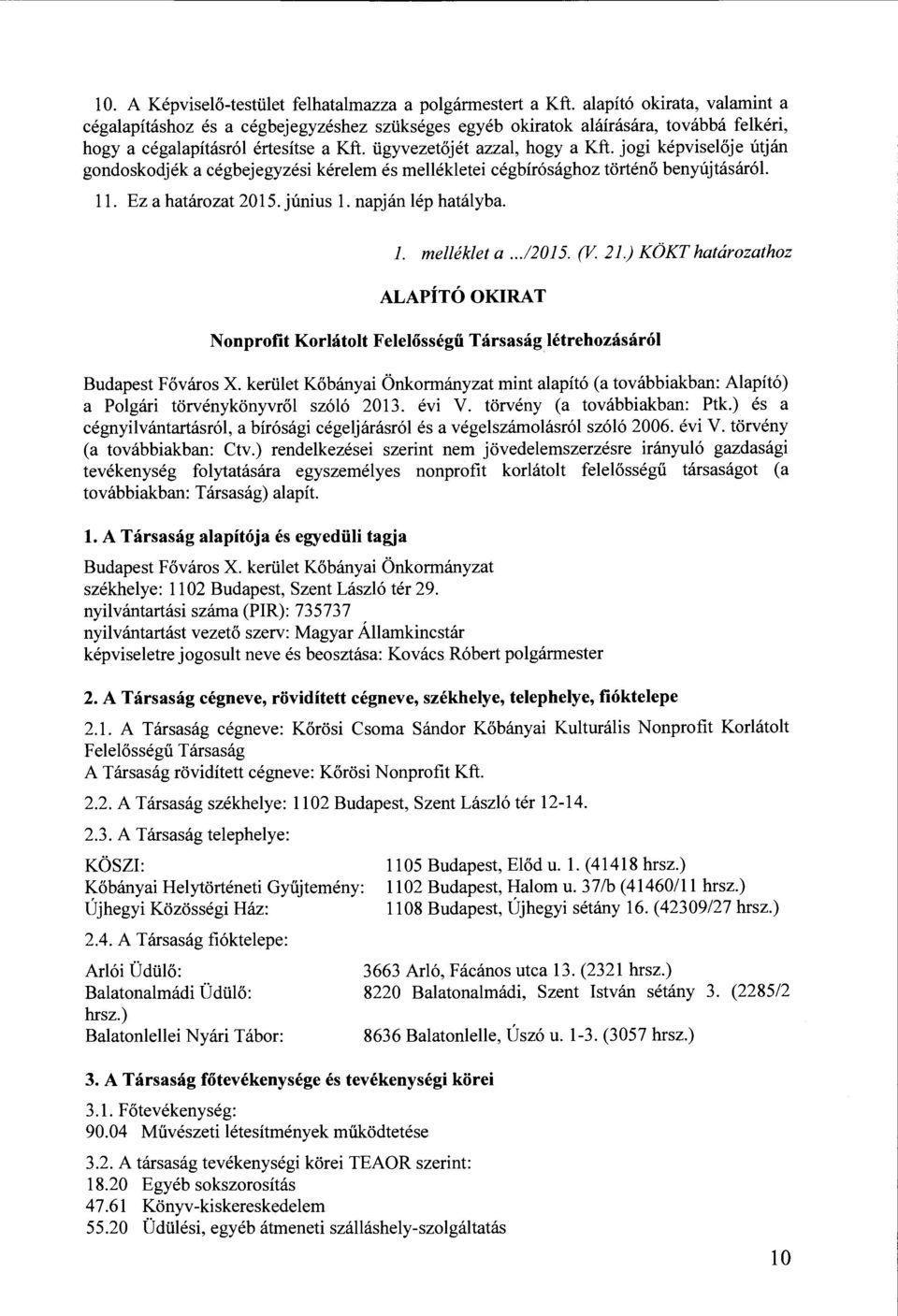 jogi képviselője útján gondoskodjék a cégbejegyzési kérelem és mellékletei cégbírósághoz történő benyújtásáról. ll. Ez a határozat 2015. június l. napján lép hatályba. l. melléklet a...12015. (V 21.