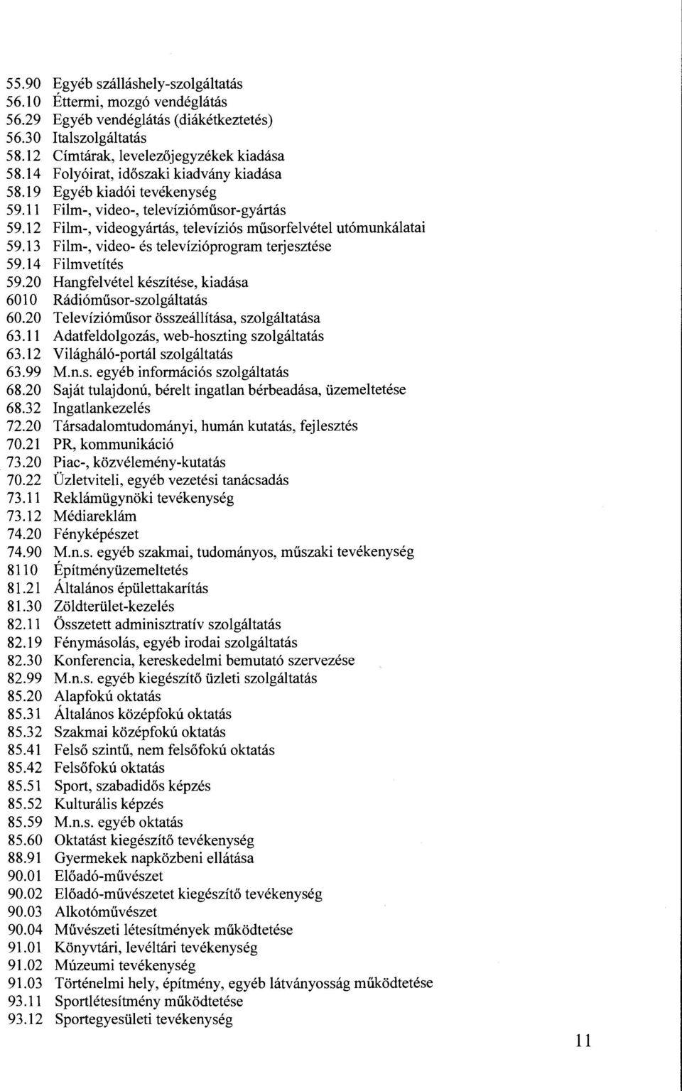 13 Film-, video-és televízióprogram terjesztése 59.14 Filmvetítés 59.20 Hangfelvétel készítése, kiadása 60 l O Rádióműsor-szolgáltatás 60.20 Televízióműsor összeállítása, szolgáltatása 63.