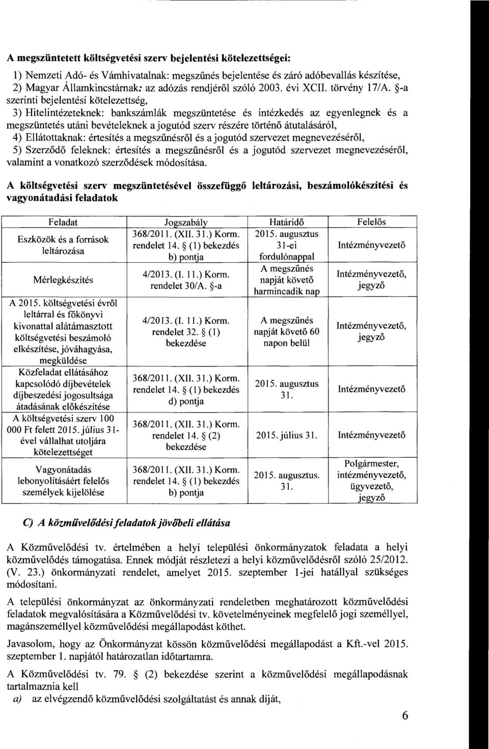 -a szerinti bejelentési kötelezettség, 3) Hitelintézeteknek bankszámlák megszüntetése és intézkedés az egyenlegnek és a megszüntetés utáni bevételeknek a jogutód szerv részére történő átutalásáról,