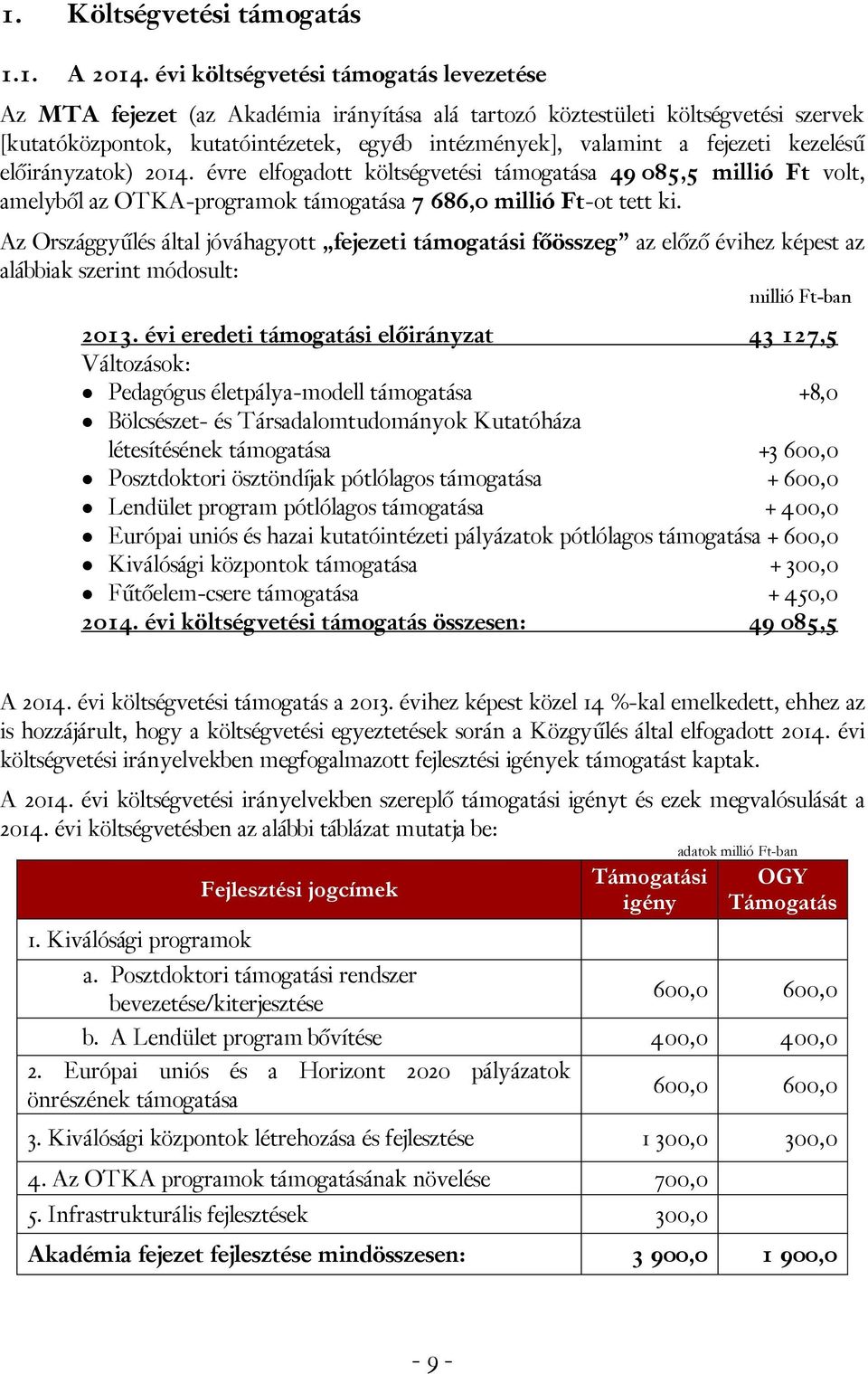 kezelésű előirányzatok) 2014. évre elfogadott költségvetési támogatása 49 085,5 millió Ft volt, amelyből az OTKA-programok támogatása 7 686,0 millió Ft-ot tett ki.