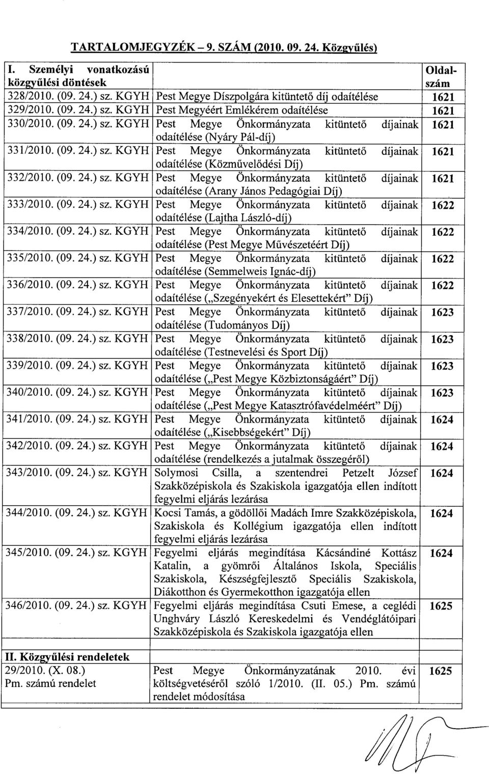 (09. 24.) sz. KGYH Pest Megye Önkormányzata kitüntető díjainak 1621 odaítélése (Arany János Pedagógiai Díj) 333/2010. (09. 24.) sz. KGYH Pest Megye Önkormányzata kitüntető díjainak 1622 odaítélése (Lajtha László-díj) 334/2010.