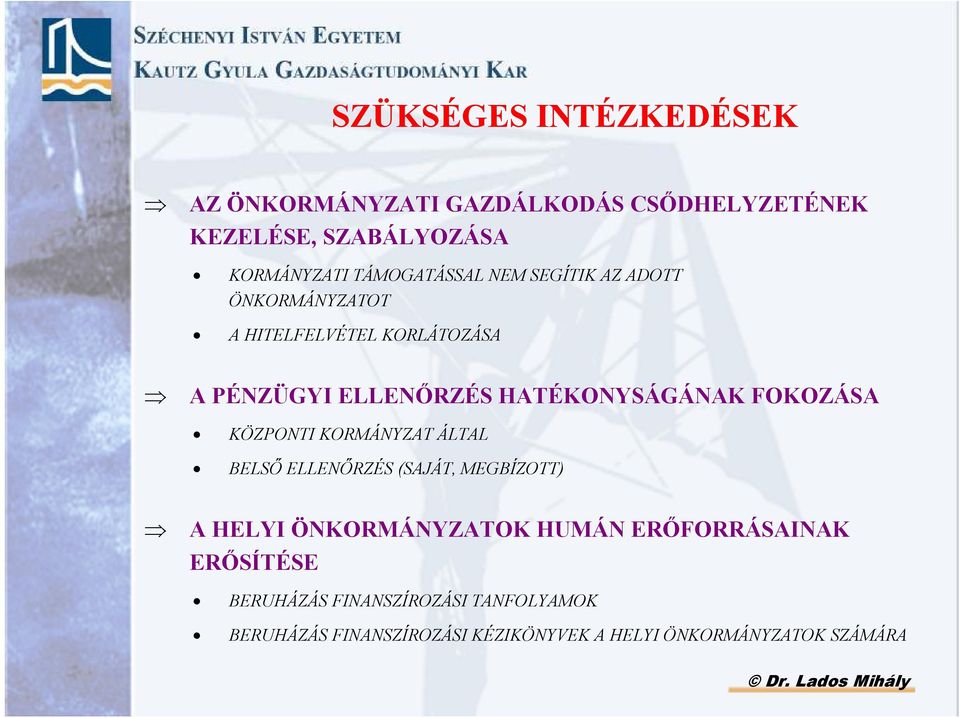 HATÉKONYSÁGÁNAK FOKOZÁSA KÖZPONTI KORMÁNYZAT ÁLTAL BELSİ ELLENİRZÉS (SAJÁT, MEGBÍZOTT) A HELYI ÖNKORMÁNYZATOK