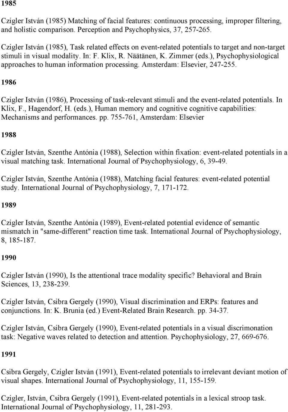 ), Psychophysiological approaches to human information processing. Amsterdam: Elsevier, 247-255. 1986 Czigler István (1986), Processing of task-relevant stimuli and the event-related potentials.