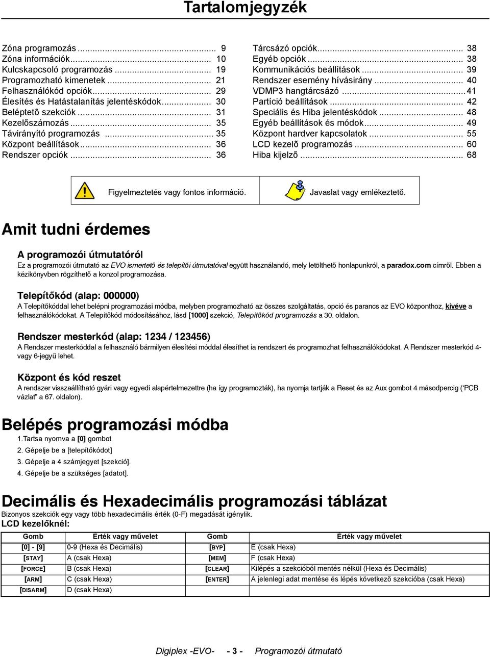 .. 39 Rendszer esemény hívásirány... 40 VDMP3 hangtárcsázó...41 Partíció beállítások... 42 Speciális és Hiba jelentéskódok... 48 Egyéb beállítások és módok... 49 Központ hardver kapcsolatok.