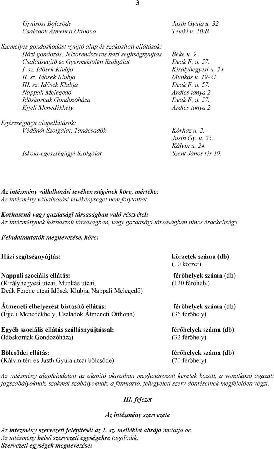 Időskorúak Gondozóháza Deák F. u. 57. Éjjeli Menedékhely Ardics tanya 2. Egészségügyi alapellátások: Védőnői Szolgálat, Tanácsadók Kórház u. 2. Justh Gy. u. 25. Kálvin u. 24.