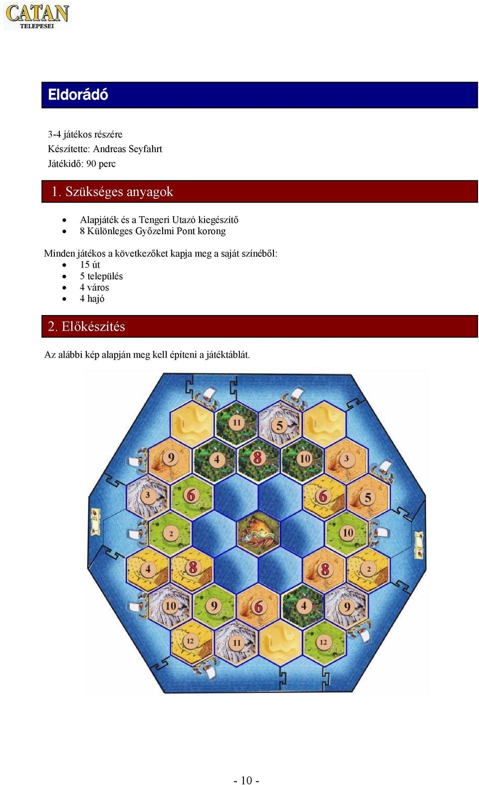 korong Minden játékos a következőket kapja meg a saját színéből: 15 út 5 település 4