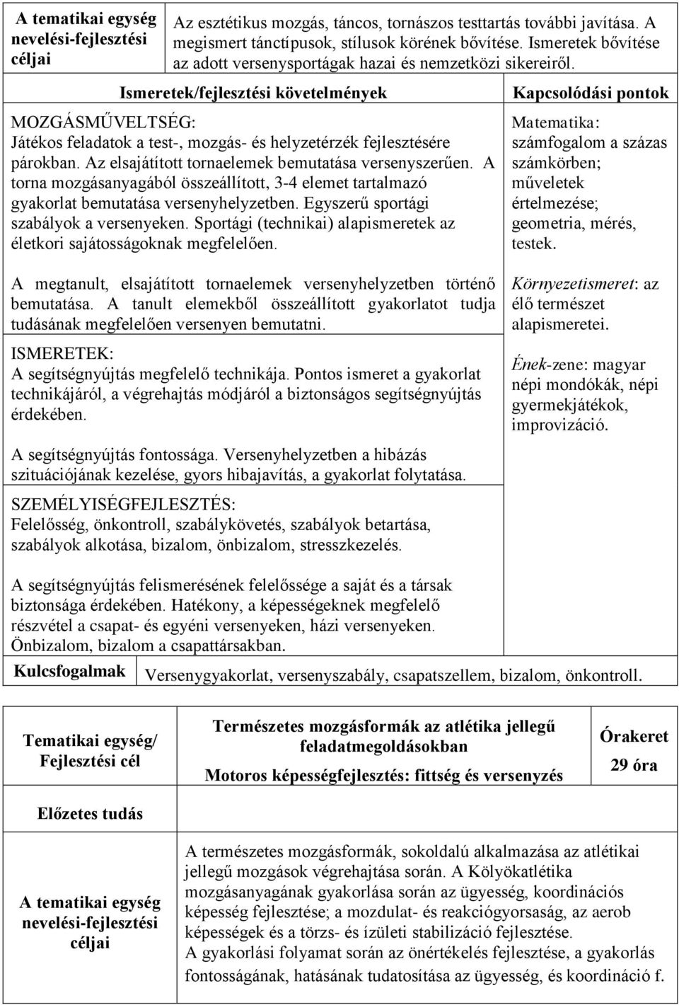 A torna mozgásanyagából összeállított, 3-4 elemet tartalmazó gyakorlat bemutatása versenyhelyzetben. Egyszerű sportági szabályok a versenyeken.