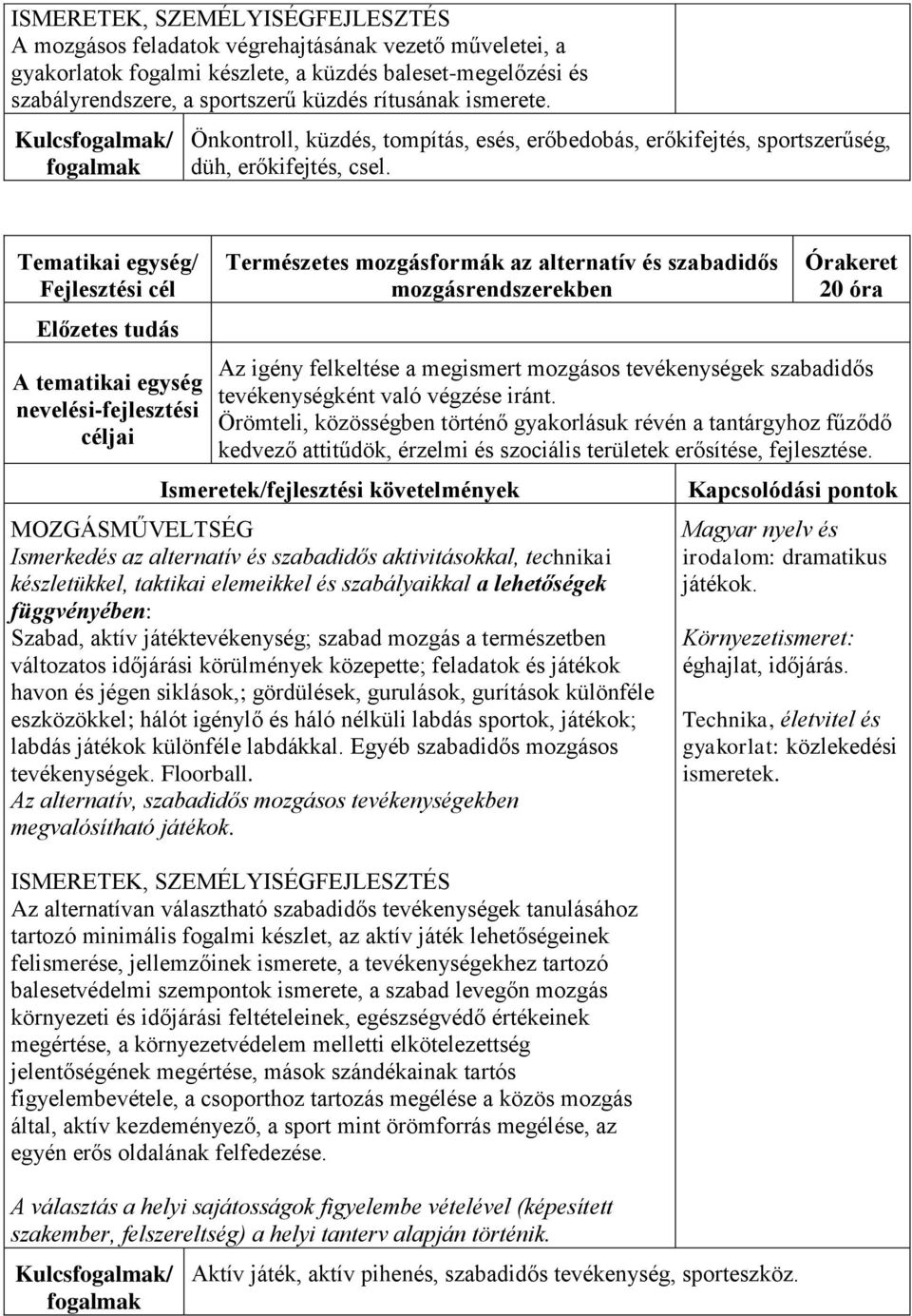 Tematikai egység/ Természetes mozgásformák az alternatív és szabadidős mozgásrendszerekben 20 óra Az igény felkeltése a megismert mozgásos tevékenységek szabadidős tevékenységként való végzése iránt.