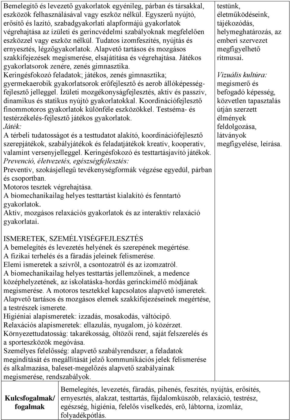 Tudatos izomfeszítés, nyújtás és ernyesztés, légzőgyakorlatok. Alapvető tartásos és mozgásos szakkifejezések megismerése, elsajátítása és végrehajtása.