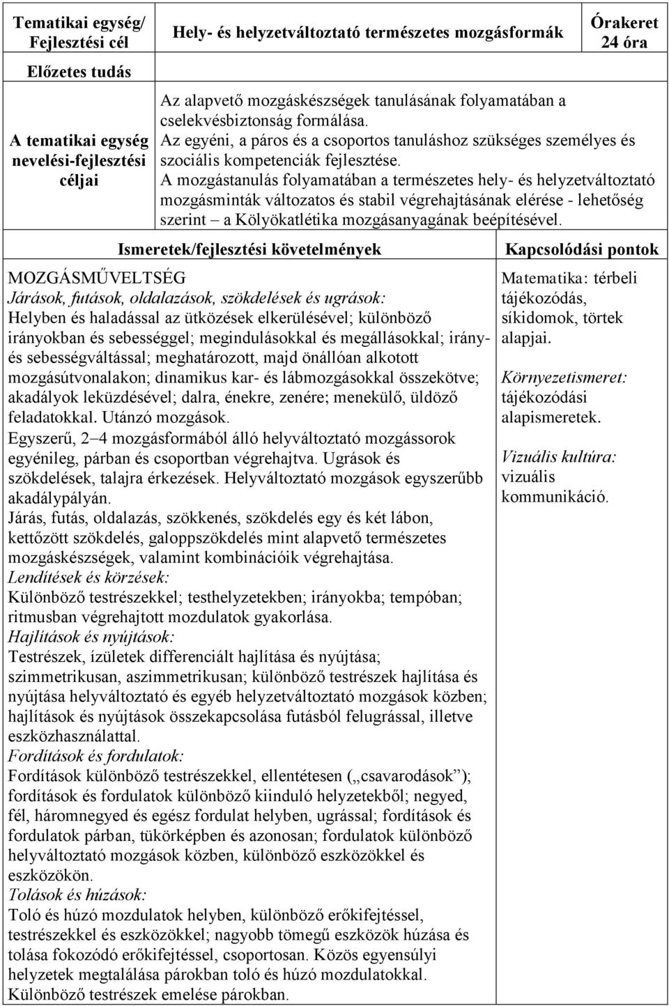 A mozgástanulás folyamatában a természetes hely- és helyzetváltoztató mozgásminták változatos és stabil végrehajtásának elérése - lehetőség szerint a Kölyökatlétika mozgásanyagának beépítésével.