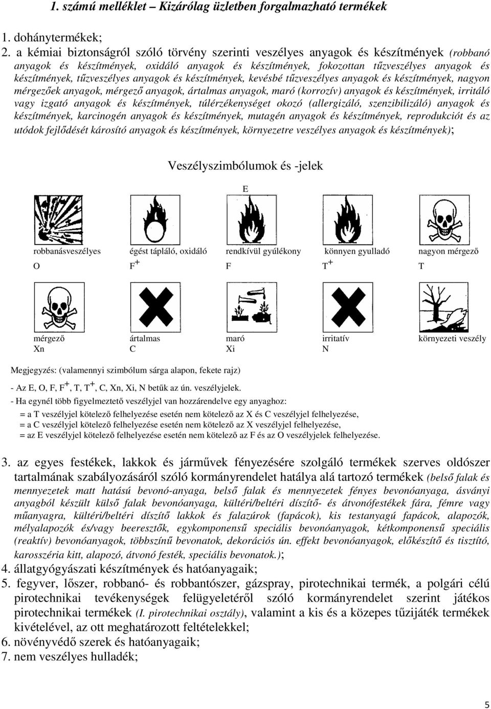 tőzveszélyes anyagok és készítmények, kevésbé tőzveszélyes anyagok és készítmények, nagyon mérgezıek anyagok, mérgezı anyagok, ártalmas anyagok, maró (korrozív) anyagok és készítmények, irritáló vagy