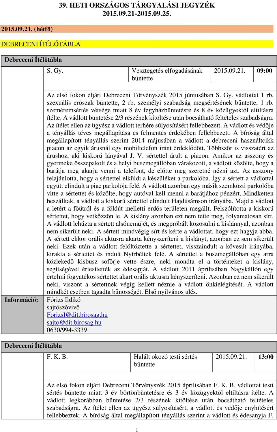 A vádlott büntetése 2/3 részének kitöltése után bocsátható feltételes szabadságra. Az ítélet ellen az ügyész a vádlott terhére súlyosításért fellebbezett.