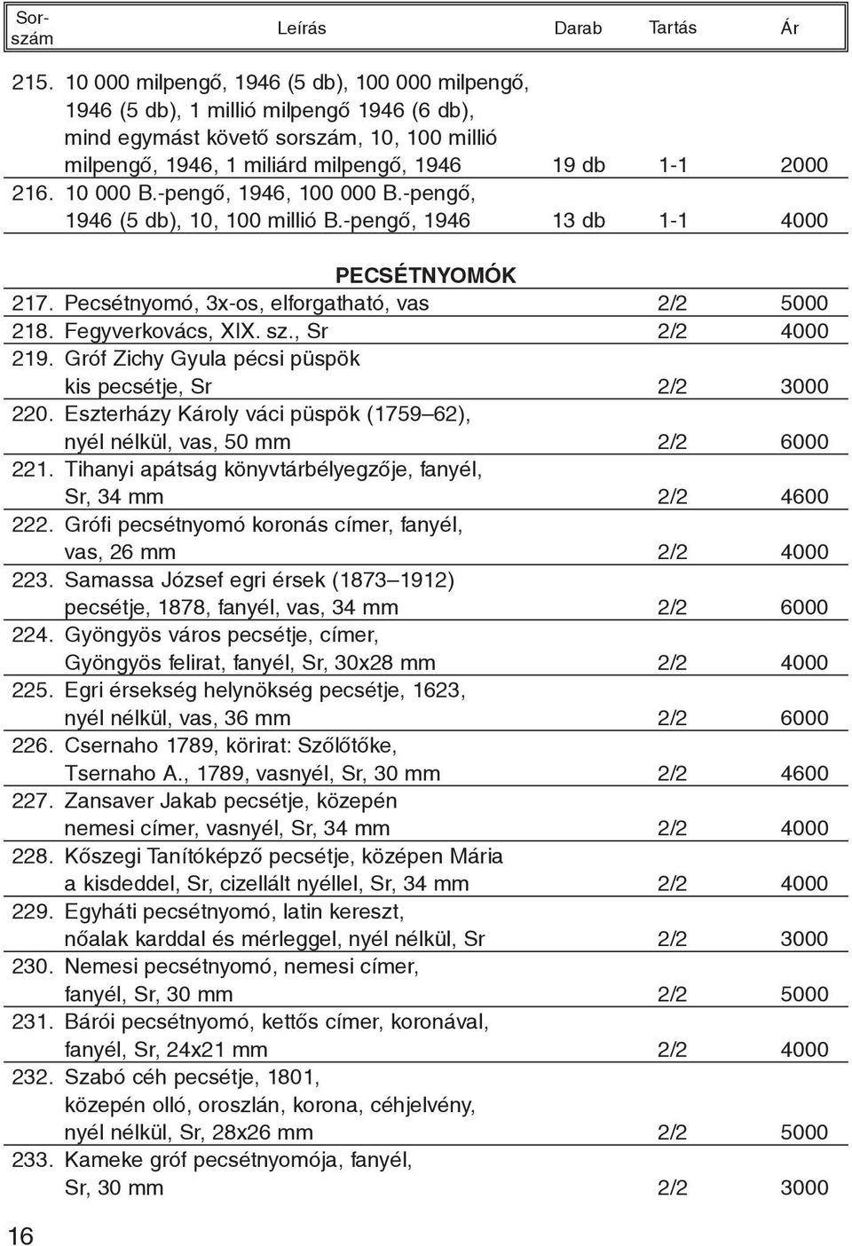 , Sr 2/2 4000 219. Gróf Zichy Gyula pécsi püspök kis pecsétje, Sr 2/2 3000 220. Eszterházy Károly váci püspök (1759 62), nyél nélkül, vas, 50 mm 2/2 6000 221.