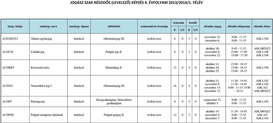 kollokvium 8 0 3 0 9:45-11:15 15:00-17:30 15:00-17:30 AJ DKRT Kriminalisztika kötelező Büntetőjog II. kollokvium 12 0 4 0 október 25.