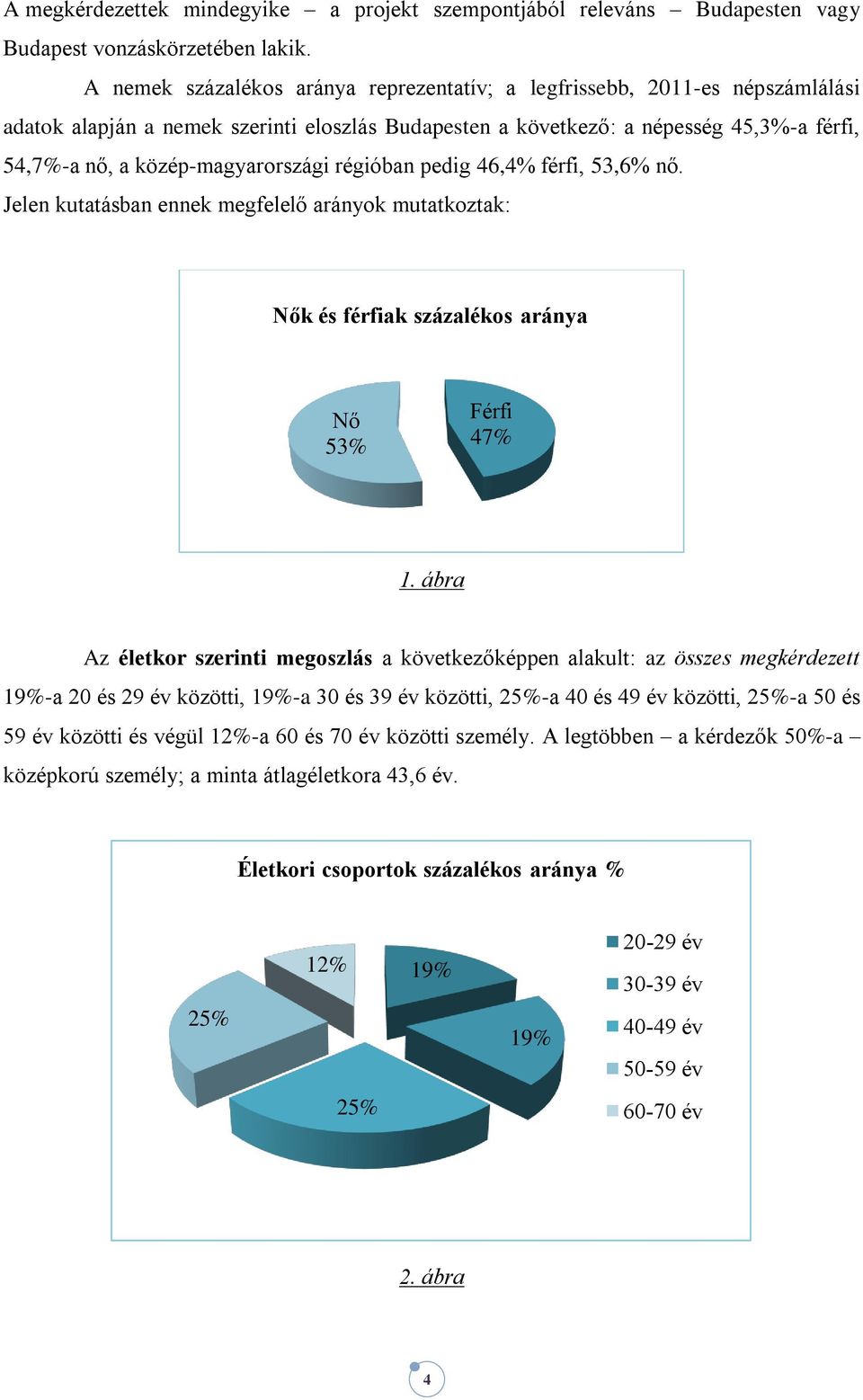 közép-magyarországi régióban pedig 46,4% férfi, 53,6% nő. Jelen kutatásban ennek megfelelő arányok mutatkoztak: Nők és férfiak százalékos aránya Nő 53% Férfi 47% 1.