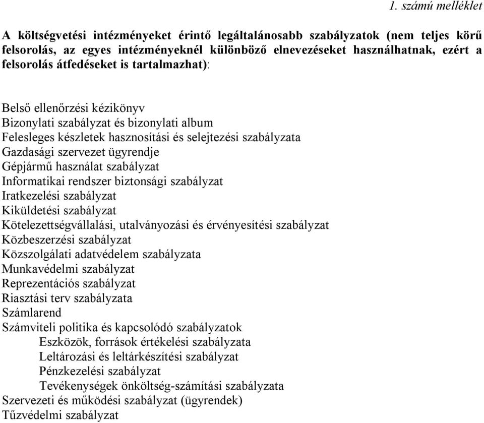 használat szabályzat Informatikai rendszer biztonsági szabályzat Iratkezelési szabályzat Kiküldetési szabályzat Kötelezettségvállalási, utalványozási és érvényesítési szabályzat Közbeszerzési