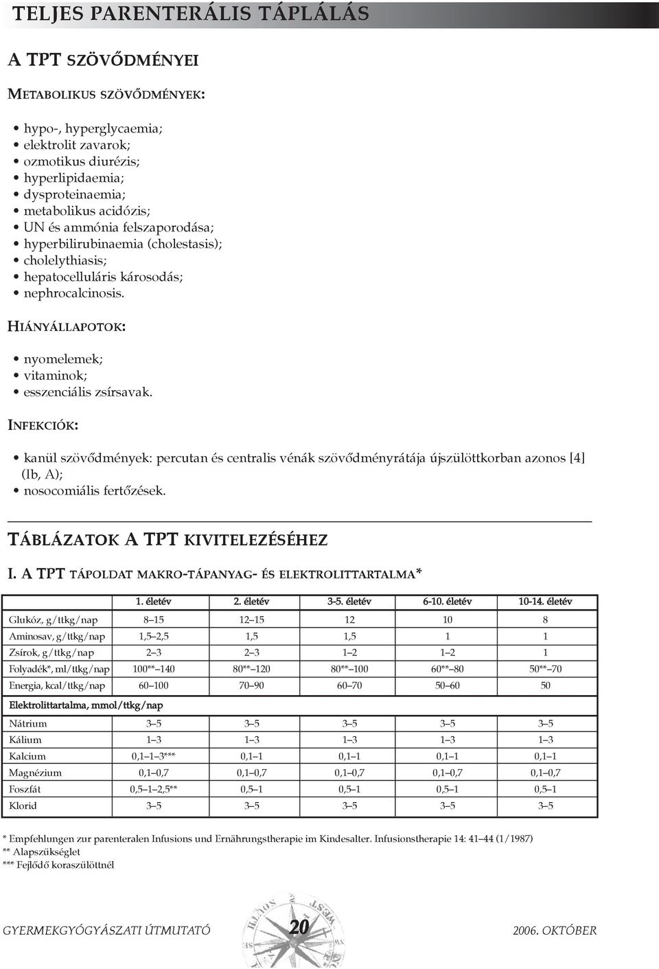 INFEKCIÓK: kanül szövõdmények: percutan és centralis vénák szövõdményrátája újszülöttkorban azonos [4] (Ib, A); nosocomiális fertõzések. Táblázatok A TPT kivitelezéséhez I.