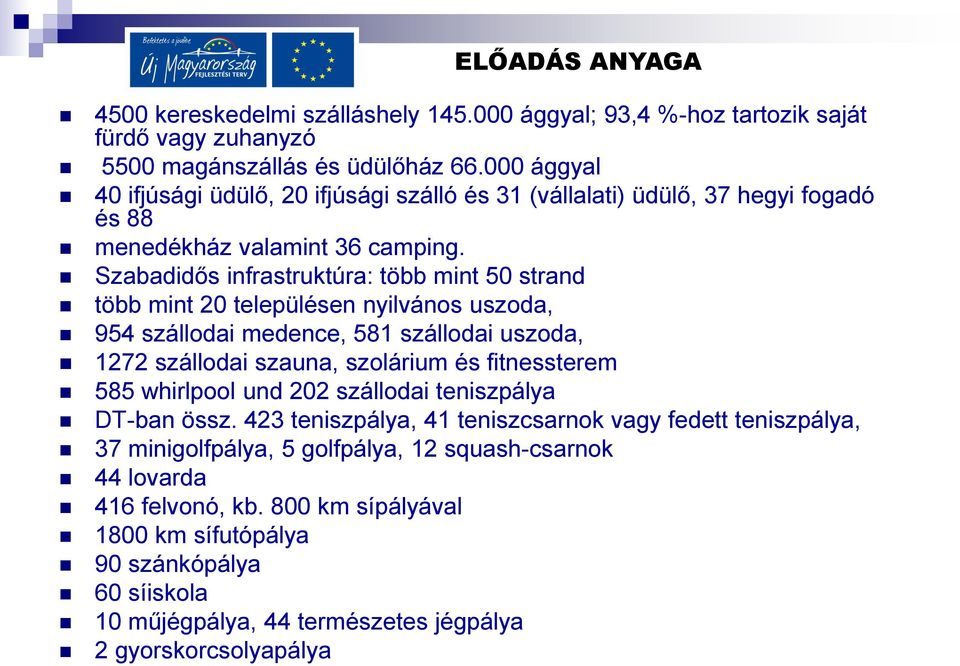 Szabadidős infrastruktúra: több mint 50 strand több mint 20 településen nyilvános uszoda, 954 szállodai medence, 581 szállodai uszoda, 1272 szállodai szauna, szolárium és fitnessterem 585