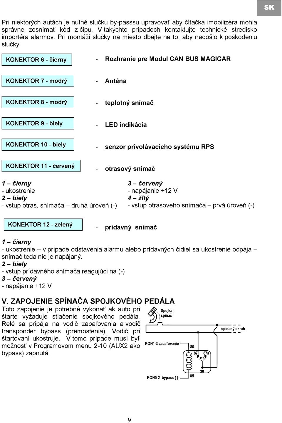 KONEKTOR 6 - čierny - Rozhranie pre Modul CAN BUS MAGICAR KONEKTOR 7 - modrý - Anténa KONEKTOR 8 - modrý - teplotný snímač KONEKTOR 9 - biely - LED indikácia KONEKTOR 10 - biely - senzor