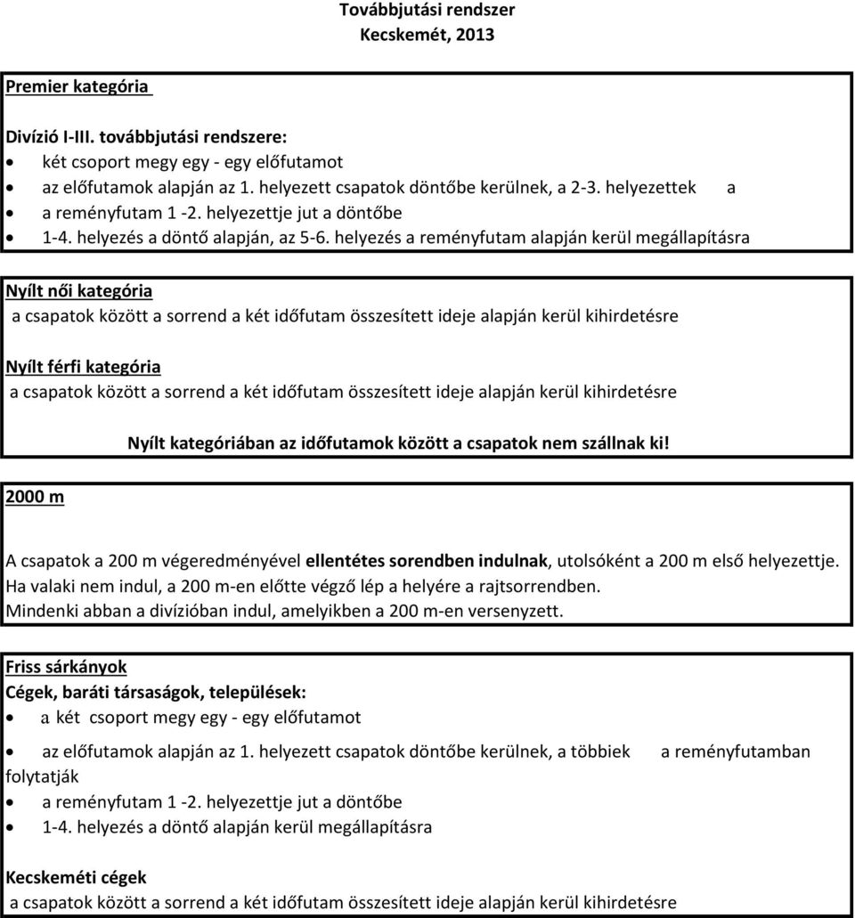 helyezés a reményfutam alapján kerül megállapításra Nyílt női kategória a csapatok között a sorrend a két időfutam összesített ideje alapján kerül kihirdetésre Nyílt férfi kategória a csapatok között