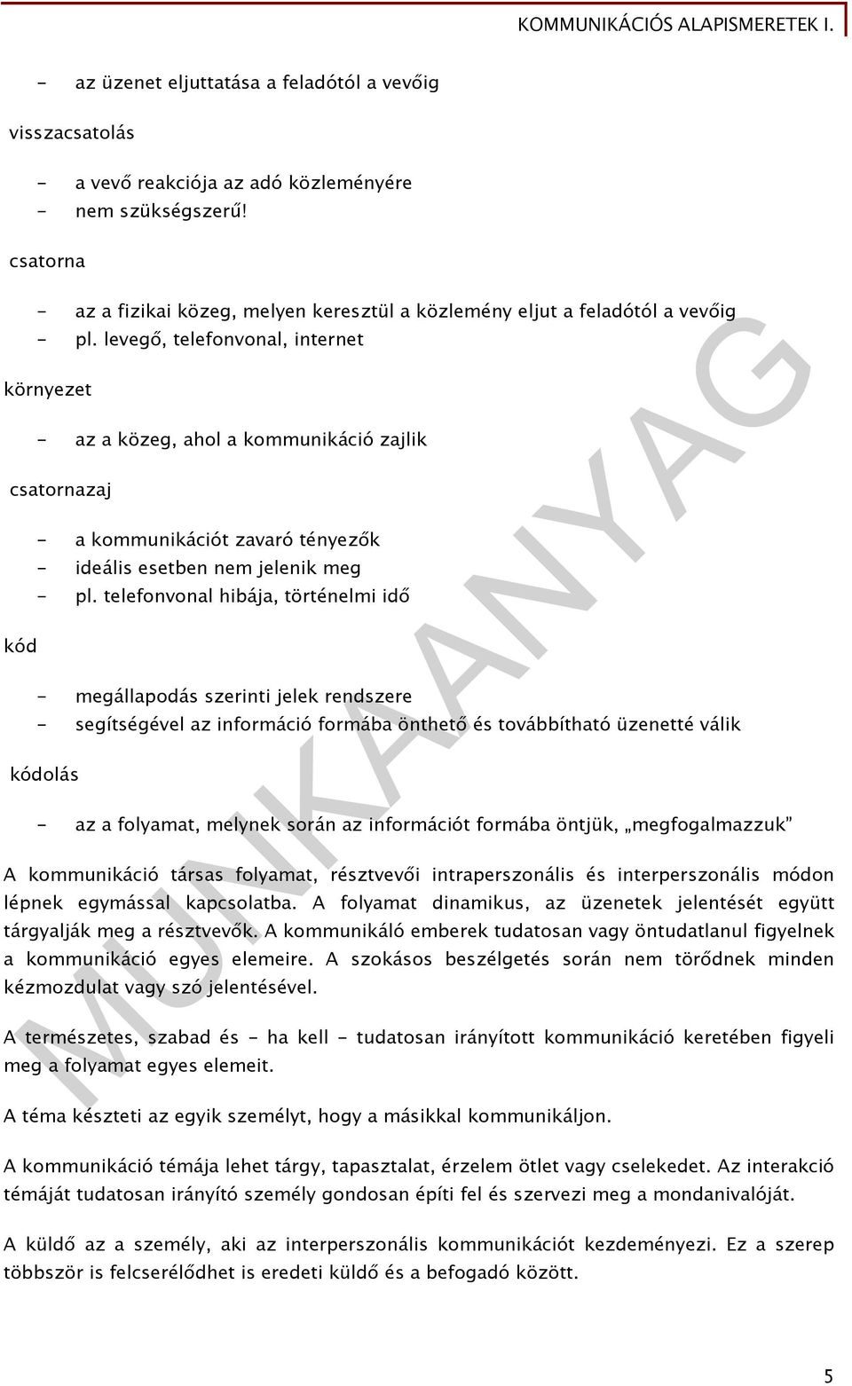 levegő, telefonvonal, internet környezet - az a közeg, ahol a kommunikáció zajlik csatornazaj kód - a kommunikációt zavaró tényezők - ideális esetben nem jelenik meg - pl.