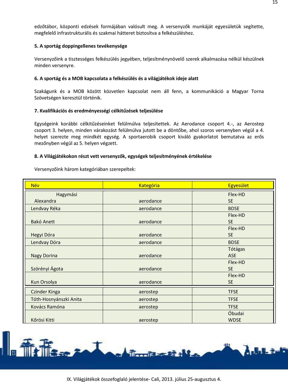 A sportág és a MOB kapcsolata a felkészülés és a világjátékok ideje alatt Szakágunk és a MOB között közvetlen kapcsolat nem áll fenn, a kommunikáció a Magyar Torna Szövetségen keresztül történik. 7.