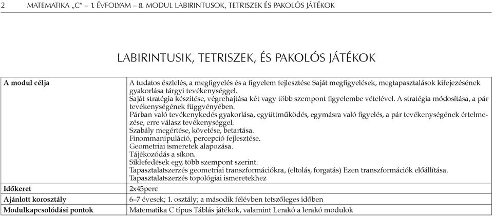 A stratégia módosítása, a pár tevékenységének függvényében. Párban való tevékenykedés gyakorlása, együttműködés, egymásra való figyelés, a pár tevékenységének értelmezése, erre válasz tevékenységgel.