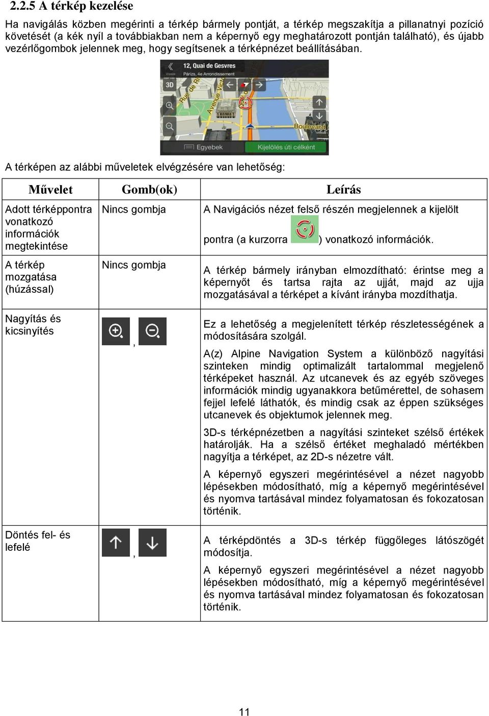 A térképen az alábbi műveletek elvégzésére van lehetőség: Művelet Gomb(ok) Leírás Adott térképpontra vonatkozó információk megtekintése A térkép mozgatása (húzással) Nincs gombja Nincs gombja A