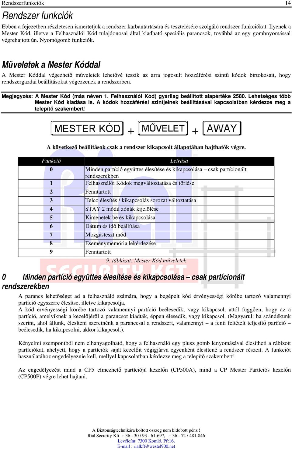 Mveletek a Mester Kóddal A Mester Kóddal végezhet mveletek lehetvé teszik az arra jogosult hozzáférési szint kódok birtokosait, hogy rendszergazdai beállításokat végezzenek a rendszerben.