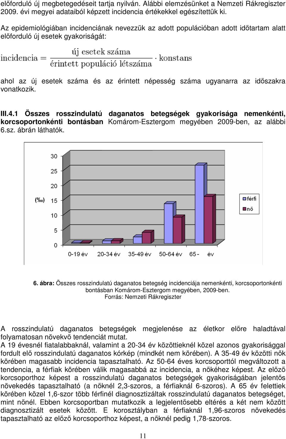 vonatkozik. III.4.1 Összes rosszindulatú daganatos betegségek gyakorisága nemenkénti, korcsoportonkénti bontásban Komárom-Esztergom megyében 2009-ben, az alábbi 6.