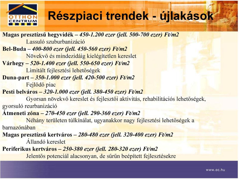 420-500 ezer) Ft/m2 Fejlődő piac Pesti belváros 320-1.000 ezer (jell.