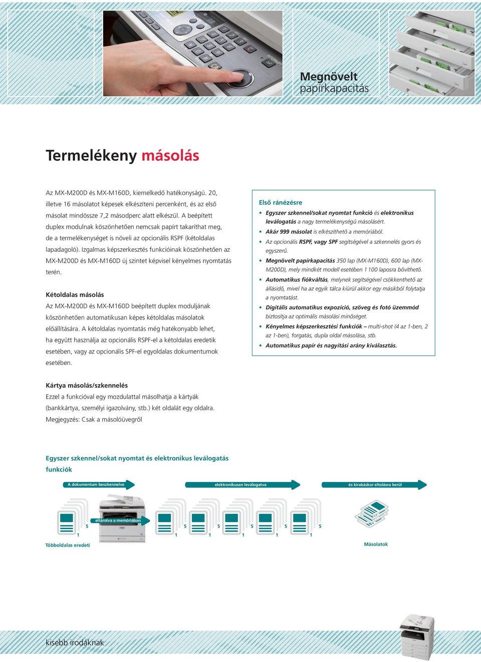 A beépített duplex modulnak köszönhetően nemcsak papírt takaríthat meg, de a termelékenységet is növeli az opcionális RSPF (kétoldalas lapadagoló).