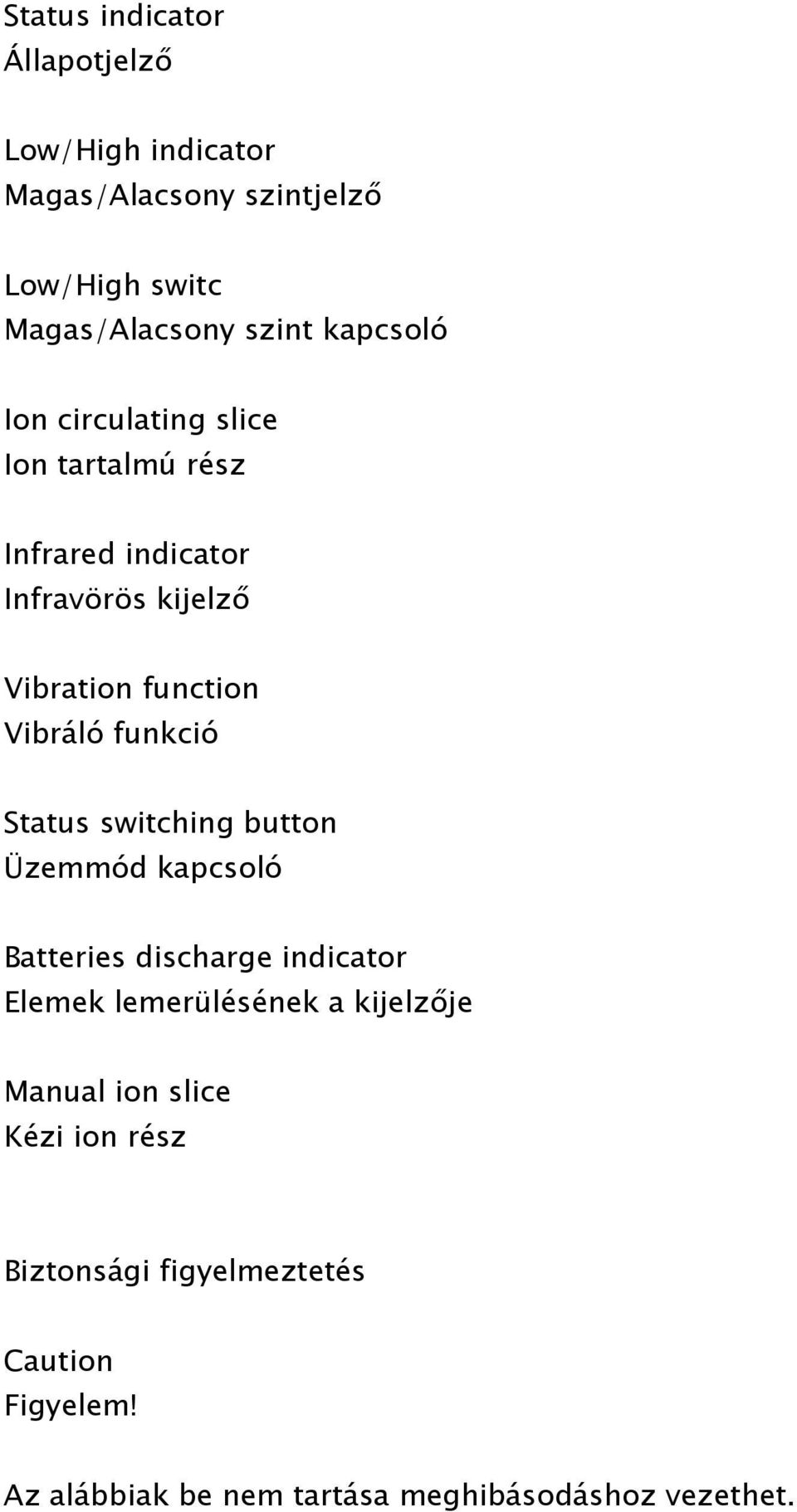 funkció Status switching button Üzemmód kapcsoló Batteries discharge indicator Elemek lemerülésének a kijelzője