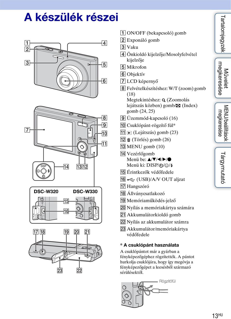 (10) N Vezérlőgomb Menü be: v/v/b/b/z Menü ki: DISP/ / / O Érintkezők védőfedele P (USB)/A/V OUT aljzat Q Hangszóró R Állványcsatlakozó S Memóriaműködés-jelző T Nyílás a memóriakártya számára U