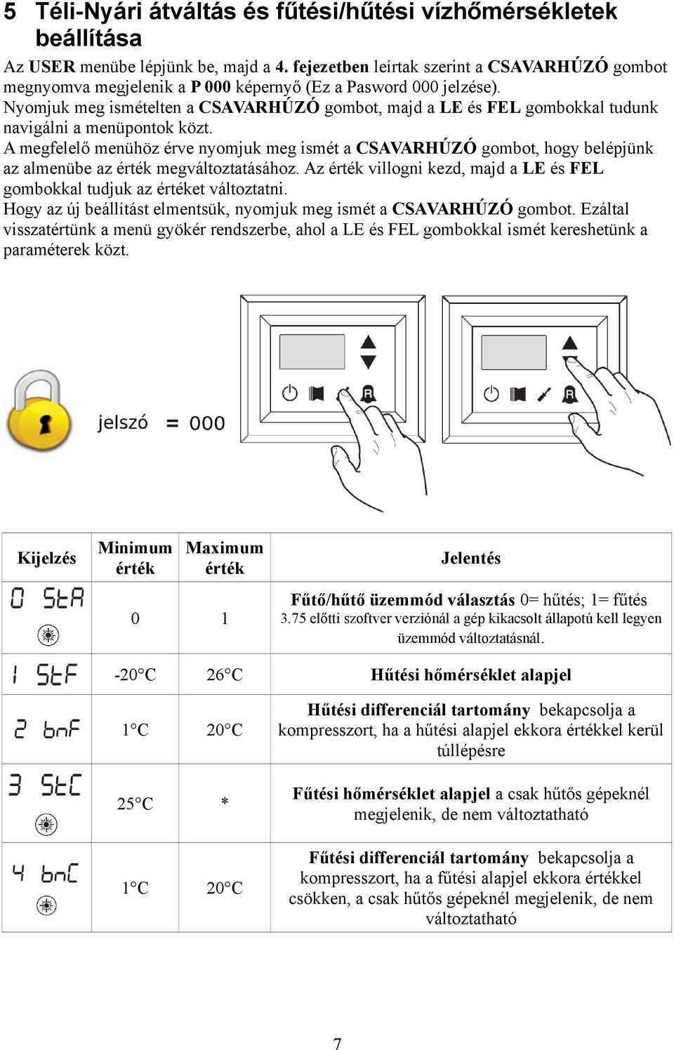 Nyomjuk meg ismételten a CSAVARHÚZÓ gombot, majd a LE és FEL gombokkal tudunk navigálni a menüpontok közt.