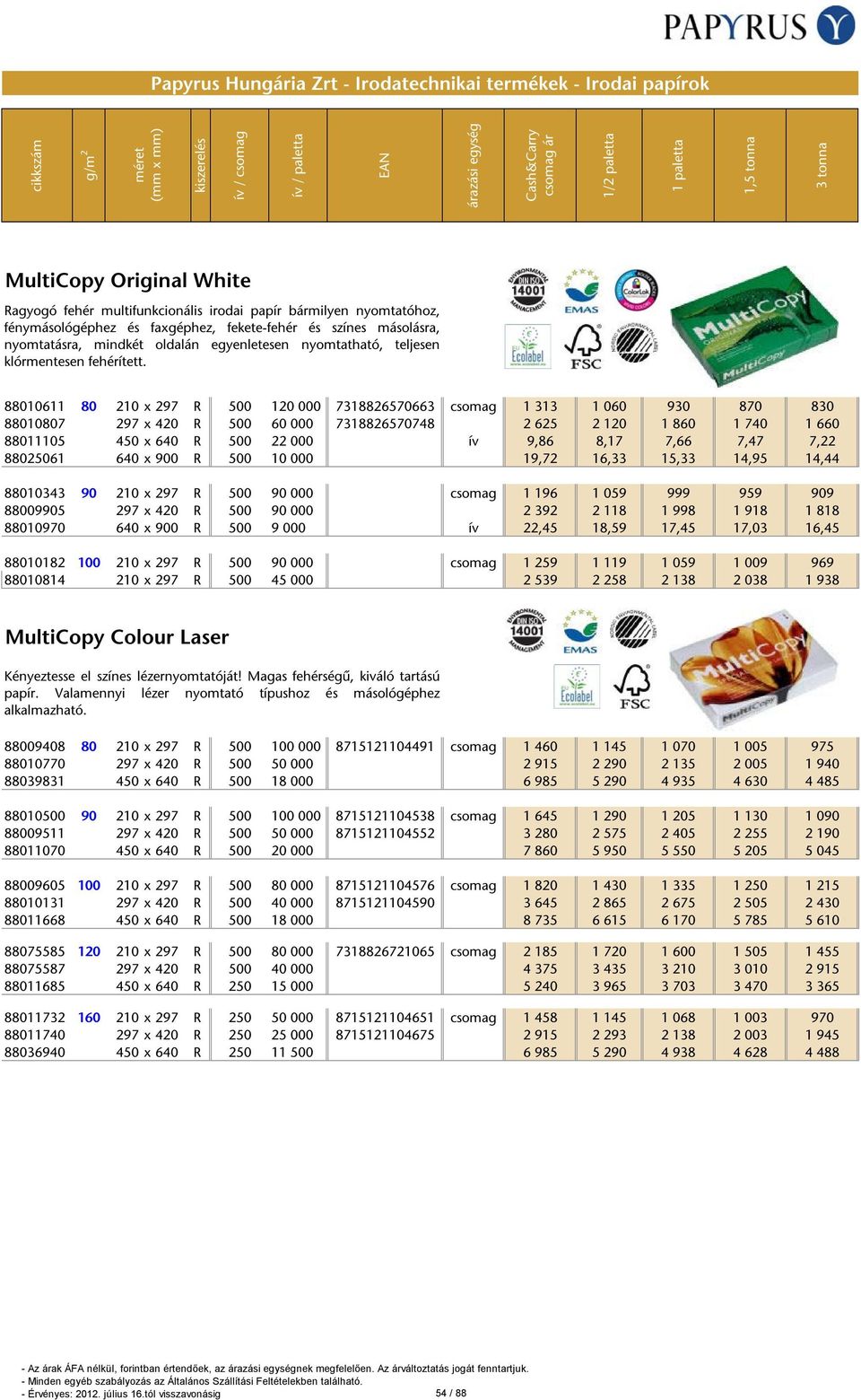 88010611 80 210 x 297 R 500 120 000 7318826570663 csomag 1 313 1 060 930 870 830 88010807 297 x 420 R 500 60 000 7318826570748 2 625 2 120 1 860 1 740 1 660 88011105 450 x 640 R 500 22 000 ív 9,86